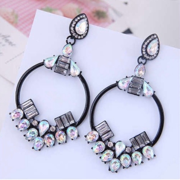 Crystal Elements Hoop Earrings on Black Ceramic | Statement Crystal Earrings - Picture 2 of 10